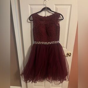 Burgundy Beaded Tulle Prom Dress